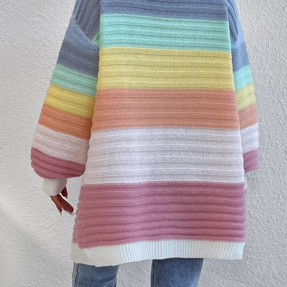 Multicolor Boho Womens Colorblock Drop Shoulder Duster Cardigan - Picture 3 of 4